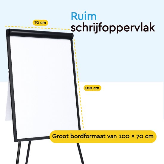 BRASQ Flipchart - 70x100 cm - Verstellbares Whiteboard - Inklusive 25 Blatt Papier, 4 Marker, 8 Magnete, Radiergummi - Magnettafel mit Haken - Magnettafel - Schwarz