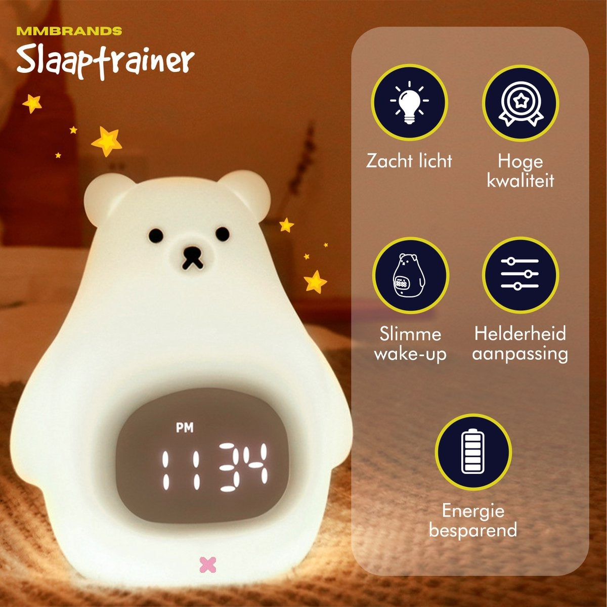 MM Brands Sleep Trainer - Kinderwecker - Nachtlicht - Uhrzeit & Temperatur - 7 Lichtfarben - Bär