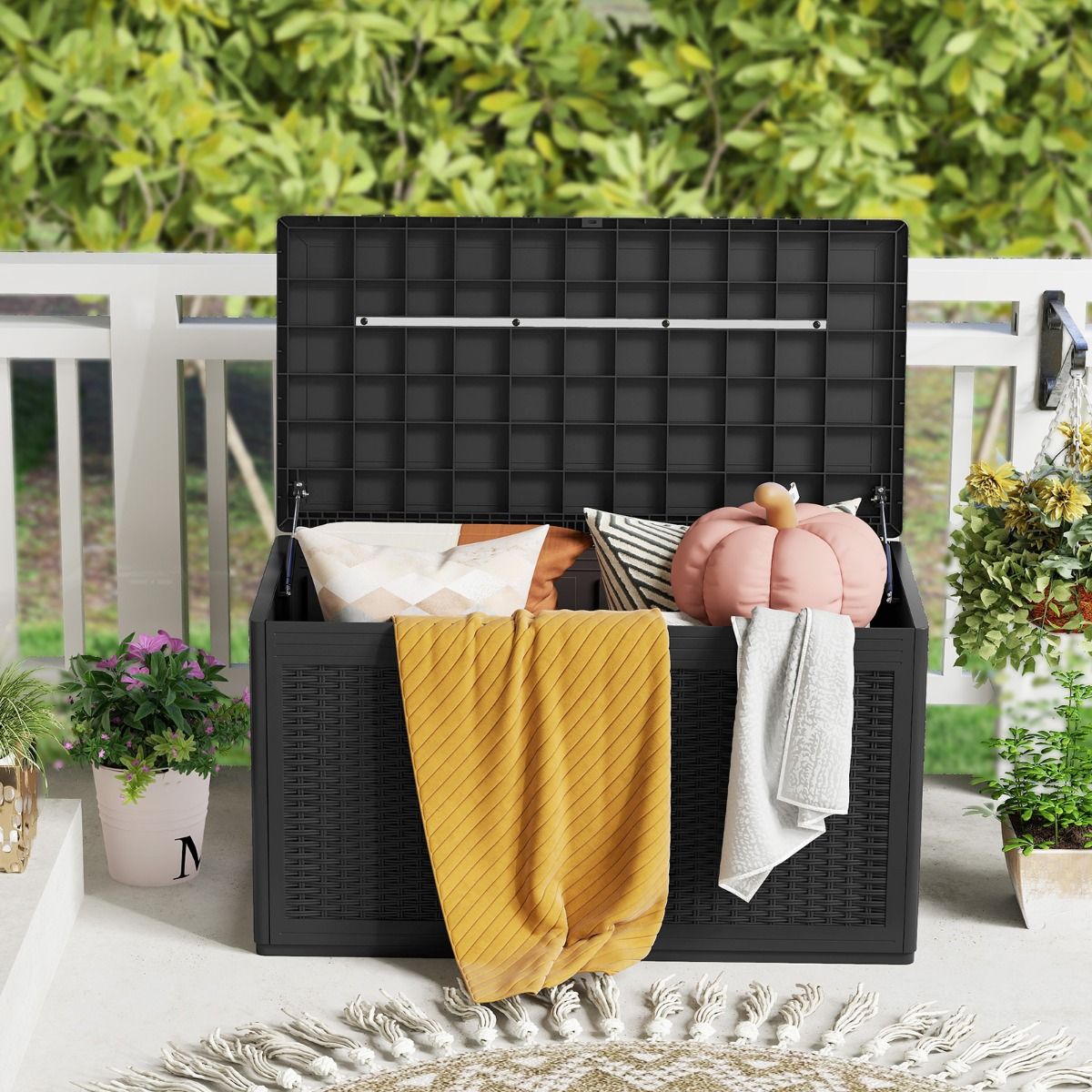 Coast Gartenbox mit Rollen – wasserdichte Aufbewahrungsbox – Sitzbank – schwarz – 380 Liter