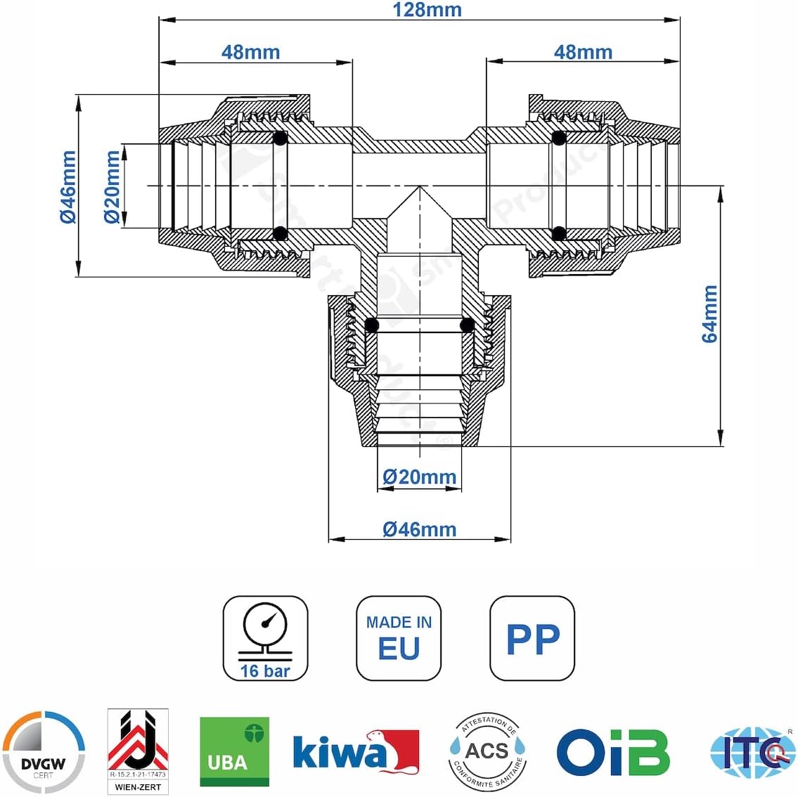 SmartProduct T-Stück 20 x 20 x 20 mm – PP-Klemmverschraubung – Schwarz/Blau