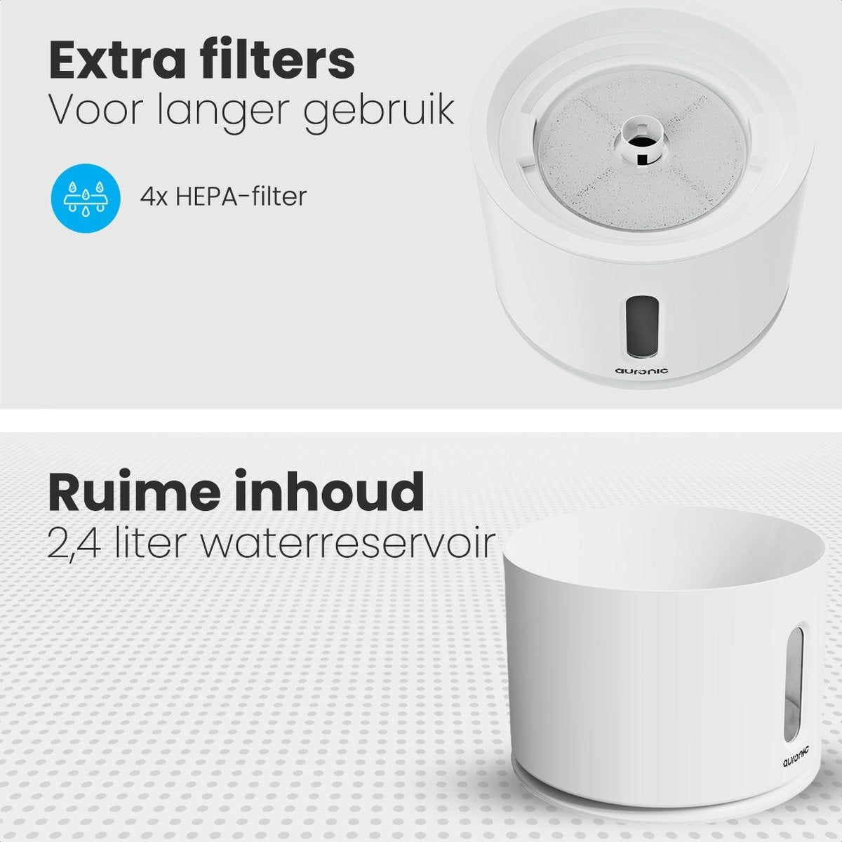 Auronic Trinkbrunnen - Wasserbrunnen für Katzen und Hunde - 2.4L - Tiertränke - Inkl. 4 Filter und 2 Bürsten - Weiß