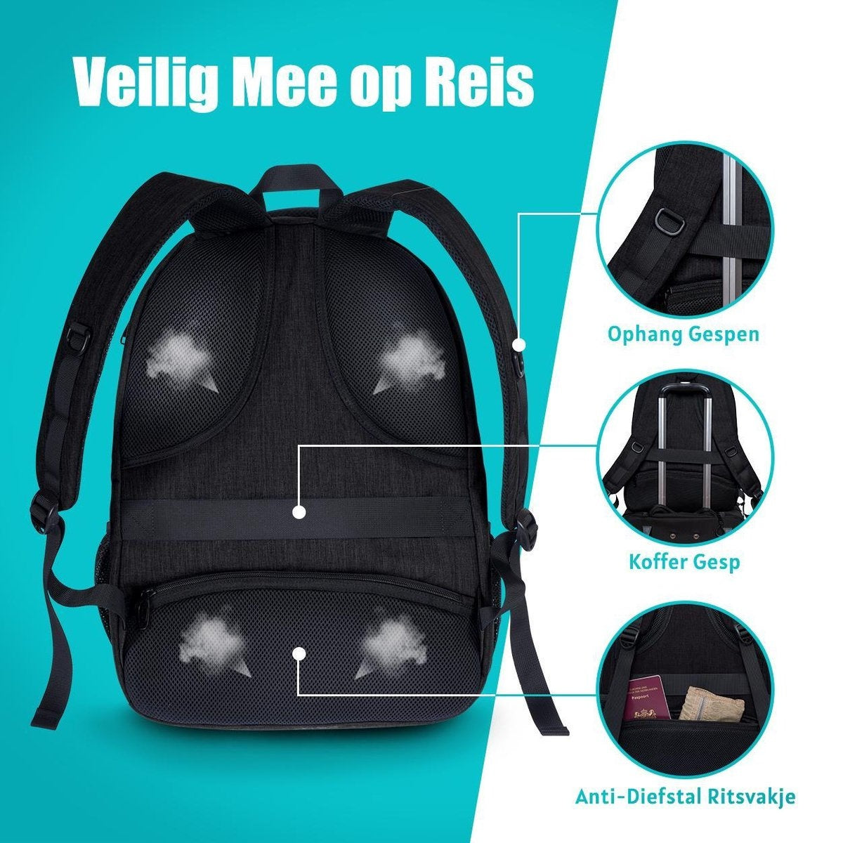 TRVLMORE Rucksack - 28L - 15.6 Zoll - Laptop-Rucksack - Schultasche - Unisex - Spritzwassergeschützt Schwarz