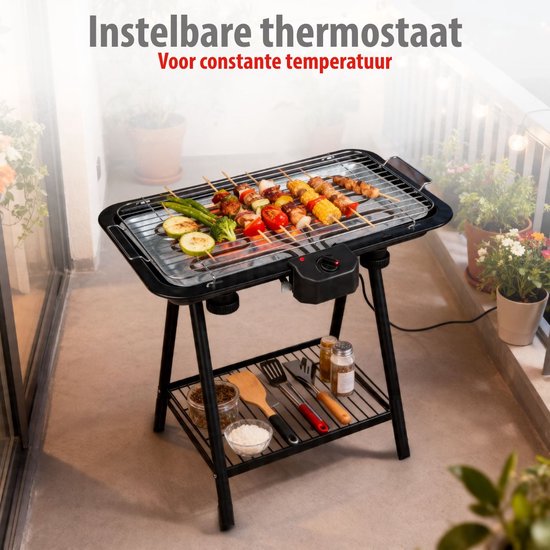 alpina Elektrischer 2-in-1-Grill 2200 W – Elektrischer Tischgrill mit Thermostat – Elektrischer Grill mit Warmhaltefunktion – Elektrischer Tischgrill mit verstellbarem Rost – 51 x 30 cm – Schwarz