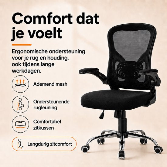 Infinity Goods Ergonomischer Bürostuhl – Office Chair – 4D-Lendenwirbelstütze & Netzbezug – Klappbare Armlehnen – Bis zu 150 kg – NEN-EN1335 – Schwarz