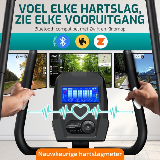FITAGE Crosstrainer Low Noise - Crosstrainer mit Bluetooth Kinomap & Zwift - Fitnesstrainer mit 24 Trainingsprogrammen - Präziser Herzfrequenzmesser