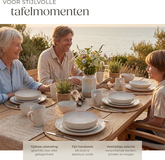 tectake® Geschirrset Mare – 30-teilig – Steingut mit glänzender Glasur - Für 6 Personen - Handgefertigtes Geschirr - Modernes Tellerset mit großen und kleinen Tellern, Schüsseln, Schälchen und Tassen - Spülmaschinen- und mikrowellengeeignet - Sandfarben