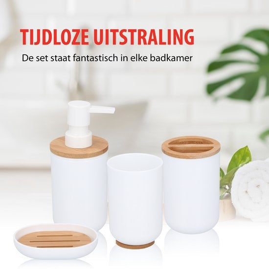 alpina Badezimmerset - Toilettenset - 6-teilig - Seifenspender - Zahnbürstenhalter - Toilettenbürste - Abfalleimer - Seifenschale - Becher - Bambus - Weiß