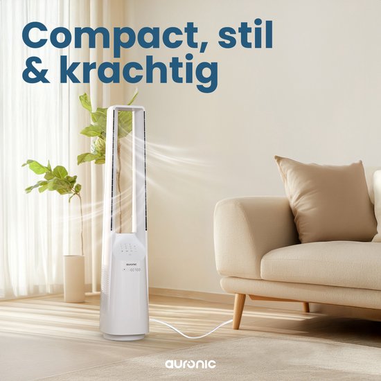 Auronic Turmventilator - Lamellenloses Modell - Luftkühler - Bodenventilator - Leiser Standventilator - 101 CM - 6 Geschwindigkeiten - Ventilator - Mit Zeitschaltuhr - 39 dB - Weiß
