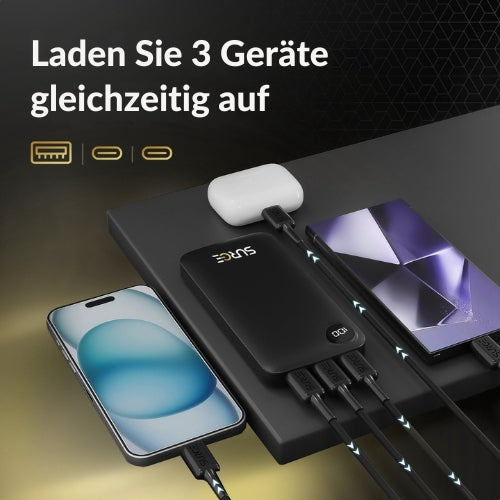 Surge Powerbank - 20.000mAh - 22,5W Schnellladegerät - 2x USB-C & 1x USB-A - 14,5 x 6,8 x 2,9 cm - Schwarz