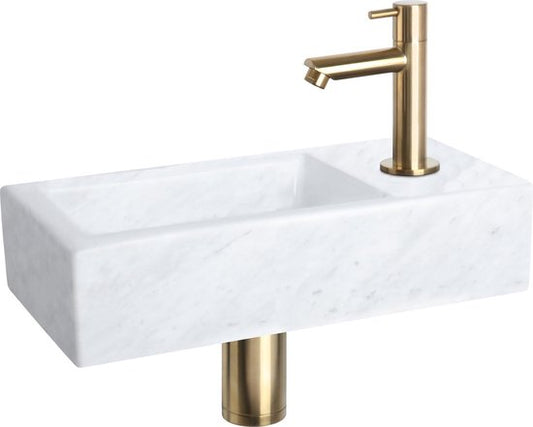 Differnz Helios Springbrunnen-Set – 37,5 × 18,5 × 9,5 cm – Rechteckig – 1 Wasserhahnbohrung – Gerader, mattgoldfarbener Wasserhahn – Mineralstein, Marmor