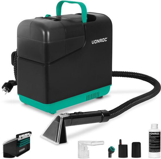 VONROC Fleckenreiniger mit Dampffunktion – Teppichreiniger – Dampfreiniger – 1350 W – 16 kPa Saugkraft – inkl. Aufsätze und Reinigungsmittel