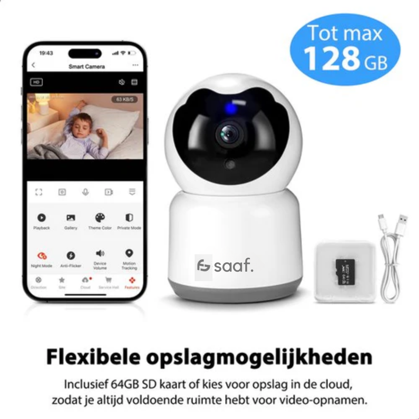 SAAF Sicherheitskamera - Für Innenräume - Mit Nachtsicht - Wifi und 64GB SD - Full HD - Tuya Smart - Weiß