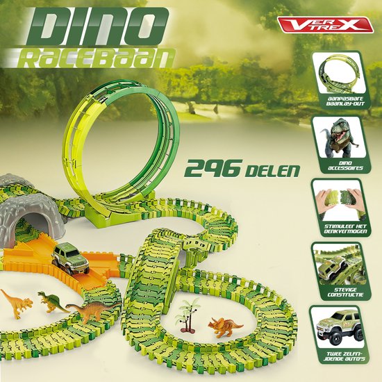 Vertrex 260-teilige Dinosaurier-Rennstrecke XXL - Dino-Spielzeug - mit 2x selbstfahrendem Safari-Auto