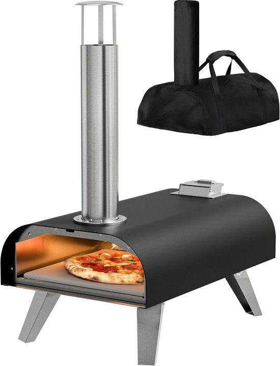 KitchenBrothers Pizzaofen - Holzbefeuert - Tischplatte - Mit Schutzhülle - PFAS-frei - Faltbar - Pizzastein - bis zu 460°C Pizzabäcker - Komplettset - Pizzaofen für draußen - Schwarz/RVS