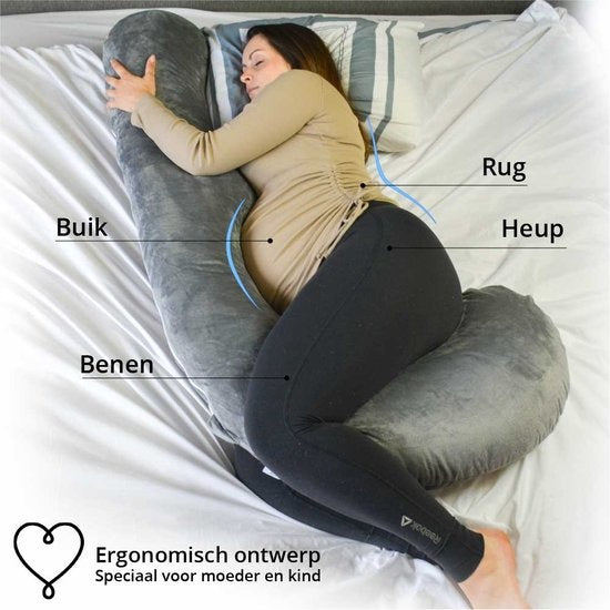 Ella Life Schwangerschaftskissen XXL - J-förmig - 155cm - Mit Bezug - Grau