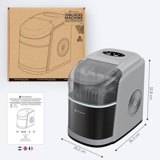 KitchenBrothers Eiswürfelbereiter - 1.6L - 8 min. - 12kg/24h - Selbstreinigungsfunktion - Eiswürfelbereiter mit Eisportionierer - Edelstahl
