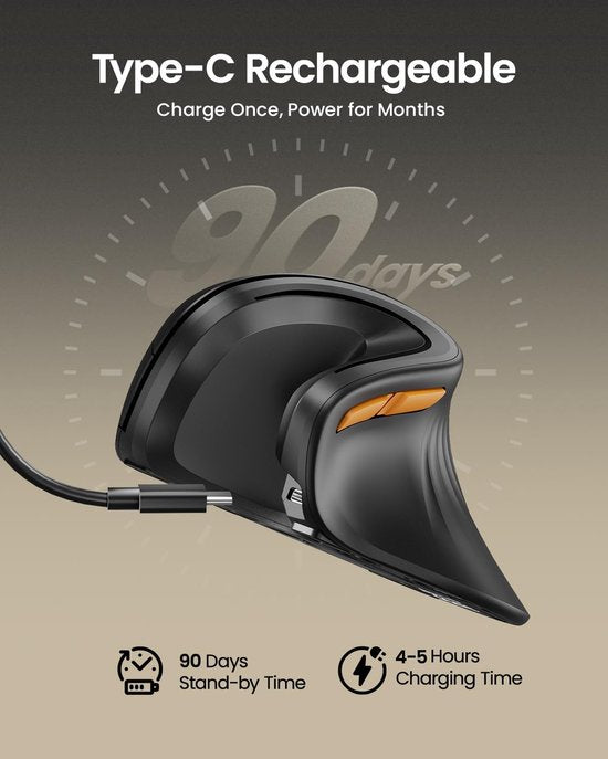 Ergonomische vertikale Maus – Kabellose ergonomische Maus – Bluetooth & 2,4 GHz – Über USB-C aufladbar – Für 3 Geräte – Einstellbare DPI – Geräuscharm – Schwarz (für Rechtshänder)