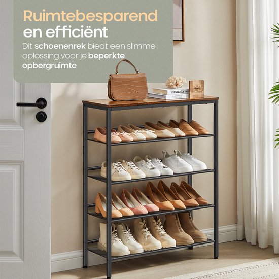 O'DADDY® Schuhregal - 5 Schichten - Schuhaufbewahrungssystem - Schuhregal - Schuhschrank - Schuhschrank - Industriedesign - Braunes Holz - Schwarzes Metall