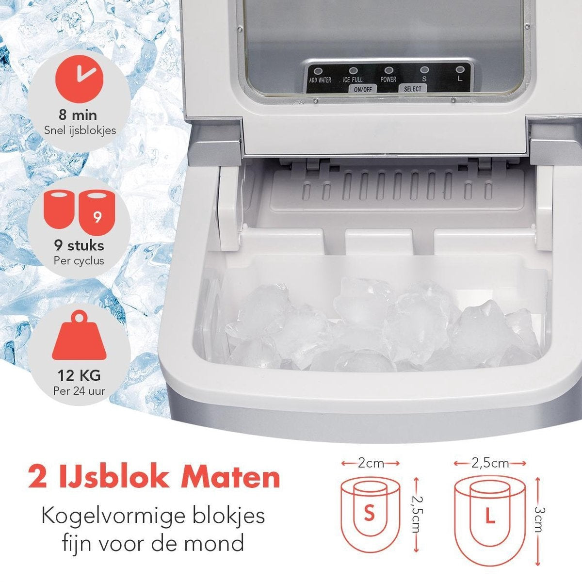 KitchenBrothers - Eiswürfelmaschine - 2 Liter - 6-8 Min. - 12kg/24h - mit Eisportionierer - Silber