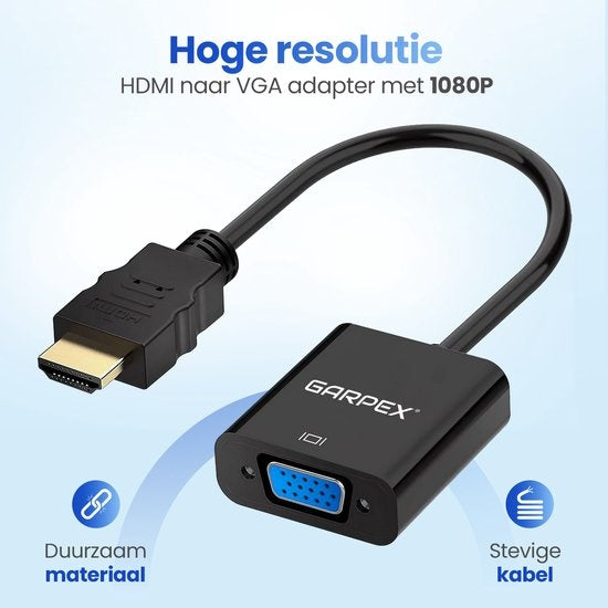 Garpex - HDMI zu VGA Adapter - Full HD 1080P - Stecker zu Buchse - Extra Display - Schwarz