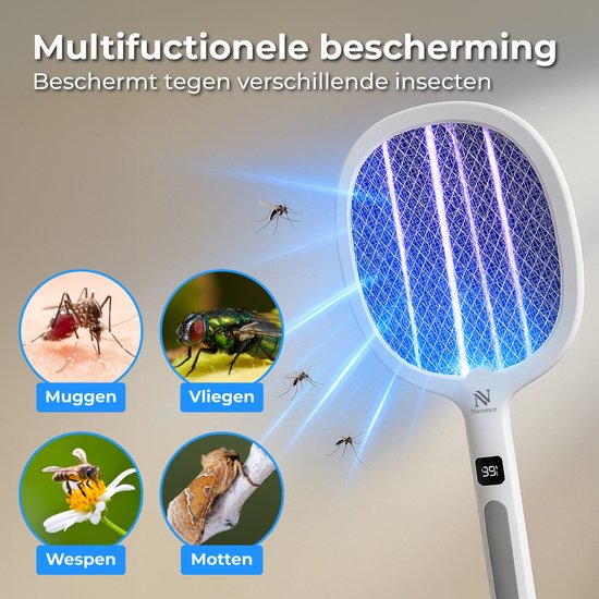 Nuvance Elektrische Fliegenklatsche - Usb Wiederaufladbar - Mückenlampe - mit Display - Mückenstecker - Fliegenfalle - Fliegenlampe - Weiß