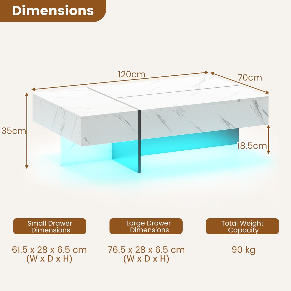 Coast Couchtisch mit LED-Beleuchtung – 3 Schubladen – Hochglanz – weiß – 120 x 70 x 35 cm