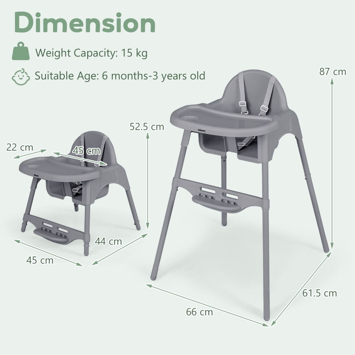 Coast 4-in-1-Kinderstuhl – umbaubar zum Kleinkindstuhl und zur Sitzerhöhung – verstellbares Tablett und Fußstütze – grau