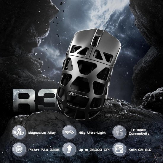 ATTACK SHARK R3 – Kabellose Gaming-Maus – PAW3395 – Ultraleicht (46 g) – Kabelgebunden/2,4 GHz/BT 5.1 – 26.000 DPI – Magnesiumlegierung
