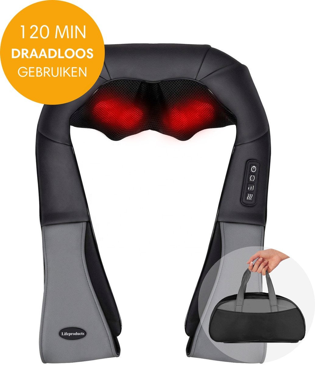 Lifeproducts - Shiatsu-Massagekissen - Nacken- und Rückenmassagegerät - Wärmefunktion - Kabellos - Schwarz