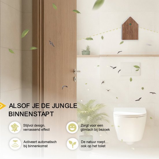 UPLY Birdhouse With Sound - Vogelhaus mit Sensor - 5 Naturgeräusche für Toilette/WC - Bewegungsmelder - Zwitscherbox - Geschenk - Inkl. Befestigung - Weiß - Eiche