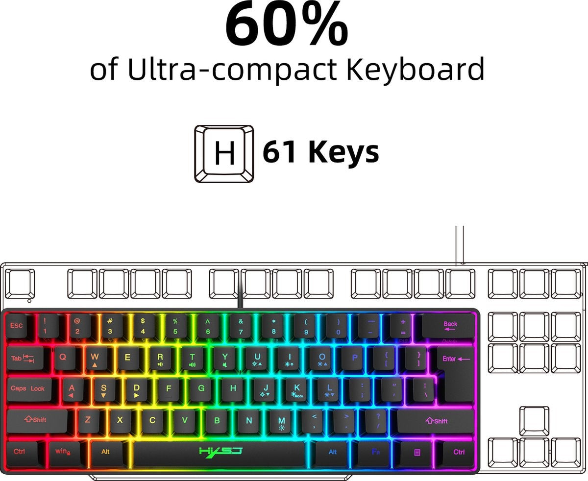 HXSJ Gaming Tastatur - V700 - RGB Membran - 61 Tasten - Kabelgebunden - Schwarz