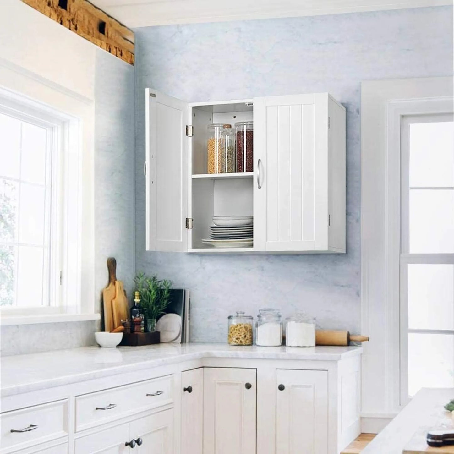 Yaheetech Hängeschrank mit 2 Türen - Mit höhenverstellbaren Einlegeböden und Metallbeschlägen und glatter Oberfläche - Für Bad, Küche und Schlafzimmer - Weiß E1 MDF - 59,5 x 31 x 59,5 cm