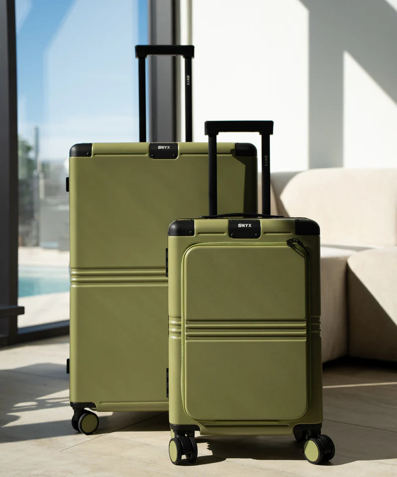 Onyx Hybrid Pro Zweiteiliges Kofferset Onyx Journey – Ausgestattet mit Silent-Run-Hinomoto-Rollen, einem Gehäuse aus deutschem Makrolon-Polycarbonat und einem integrierten Kompressionssystem – Für Reisen und Urlaub – Olivgrünes Polycarbonat und Aluminium