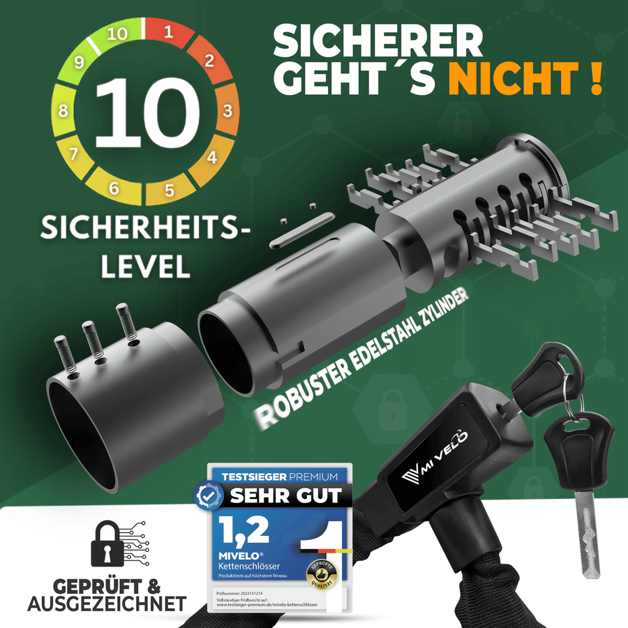 MIVELO Fahrradschloss Kettenschloss - 100 cm lang & 8 mm dick - Für E-Bike & Scooter - Gehärteter Stahl - Schwarz