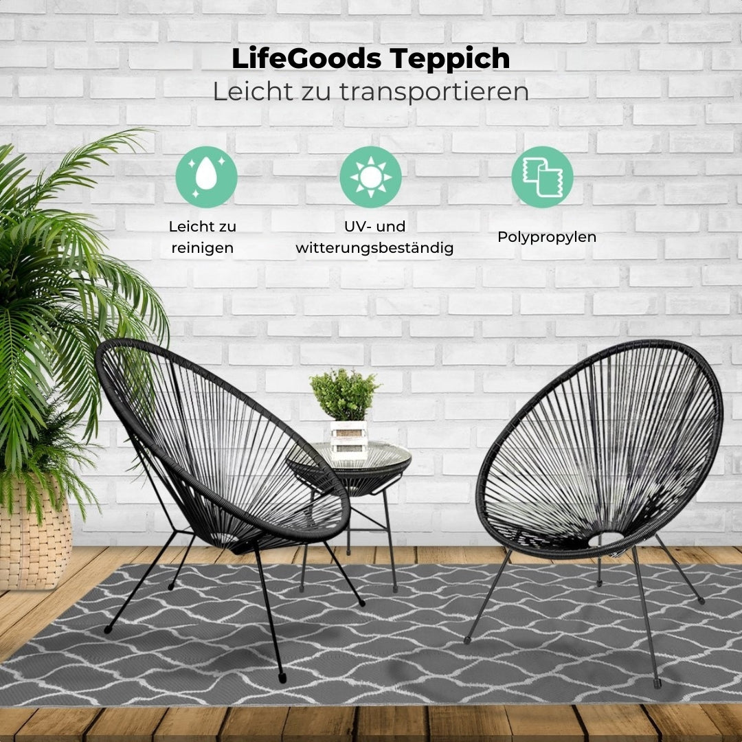LifeGoods Outdoor-Teppich - 120x180cm - Gartenteppich - beidseitig verwendbar - Inkl. Tragetasche - Mit Muster - Grau/Weiß