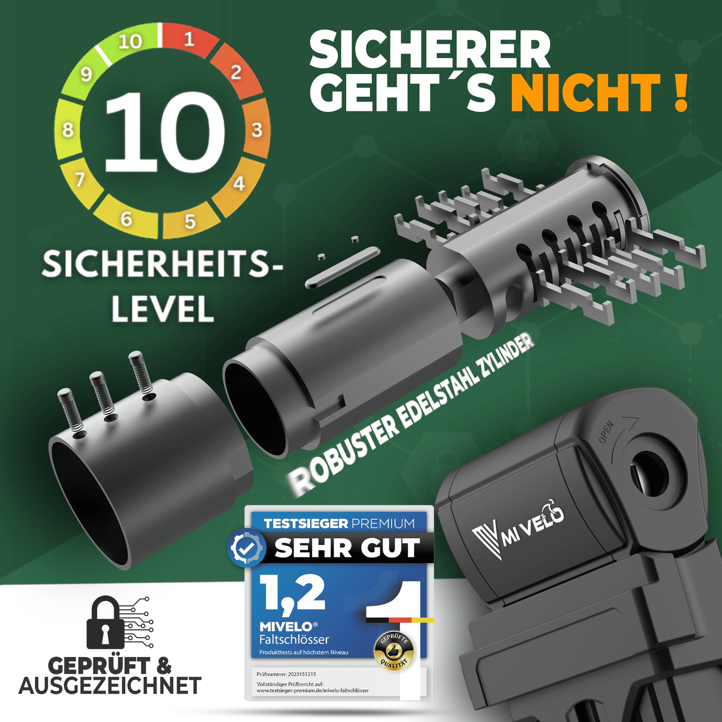 MIVELO - Robustes Fahrradschloss mit Schlüssel - 120 cm lang - Sicherheitsstufe 10/10 - gehärteter Kohlenstoffstahl - Schwarz