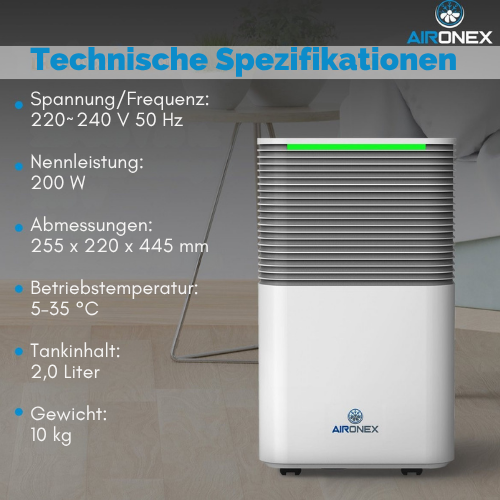 Aironex Luftentfeuchter LO12 – 12 L/Tag – Bis 25 m² – Leise 36 dB – Weiß
