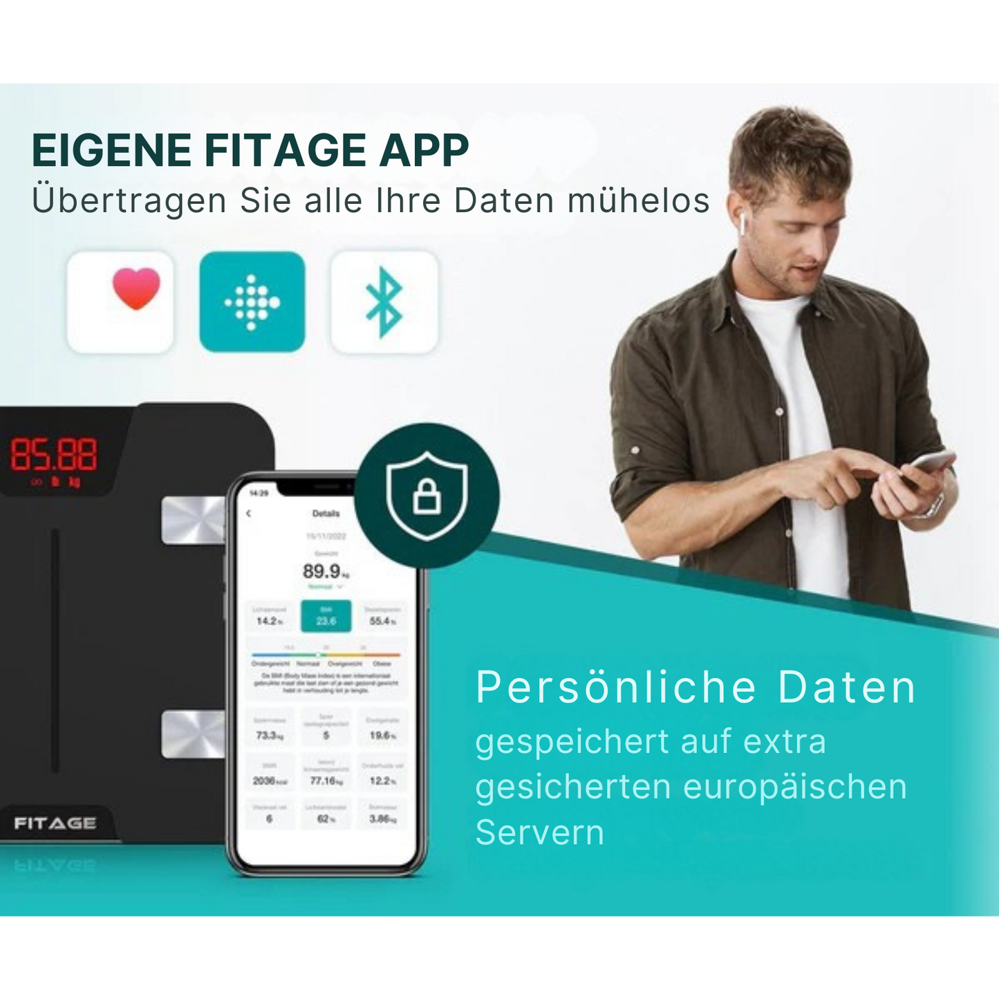 FITAGE Smart Waage - mit App - misst 17 Körperwerte - Schwarz