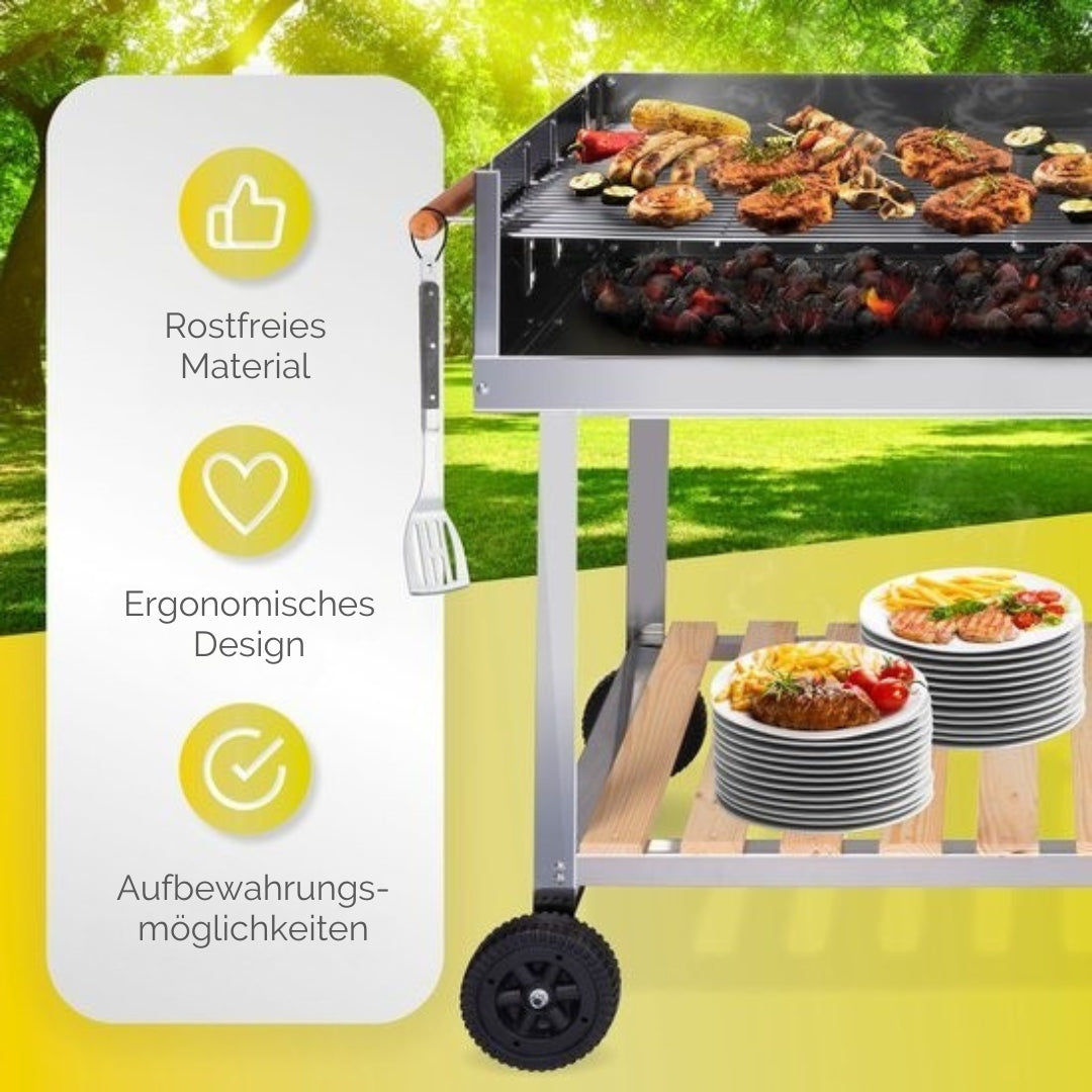 BBQ Collection Holzkohlegrill - mit Ablage & Rollen - Edelstahl - 98 x 56 x 85 cm - Silber