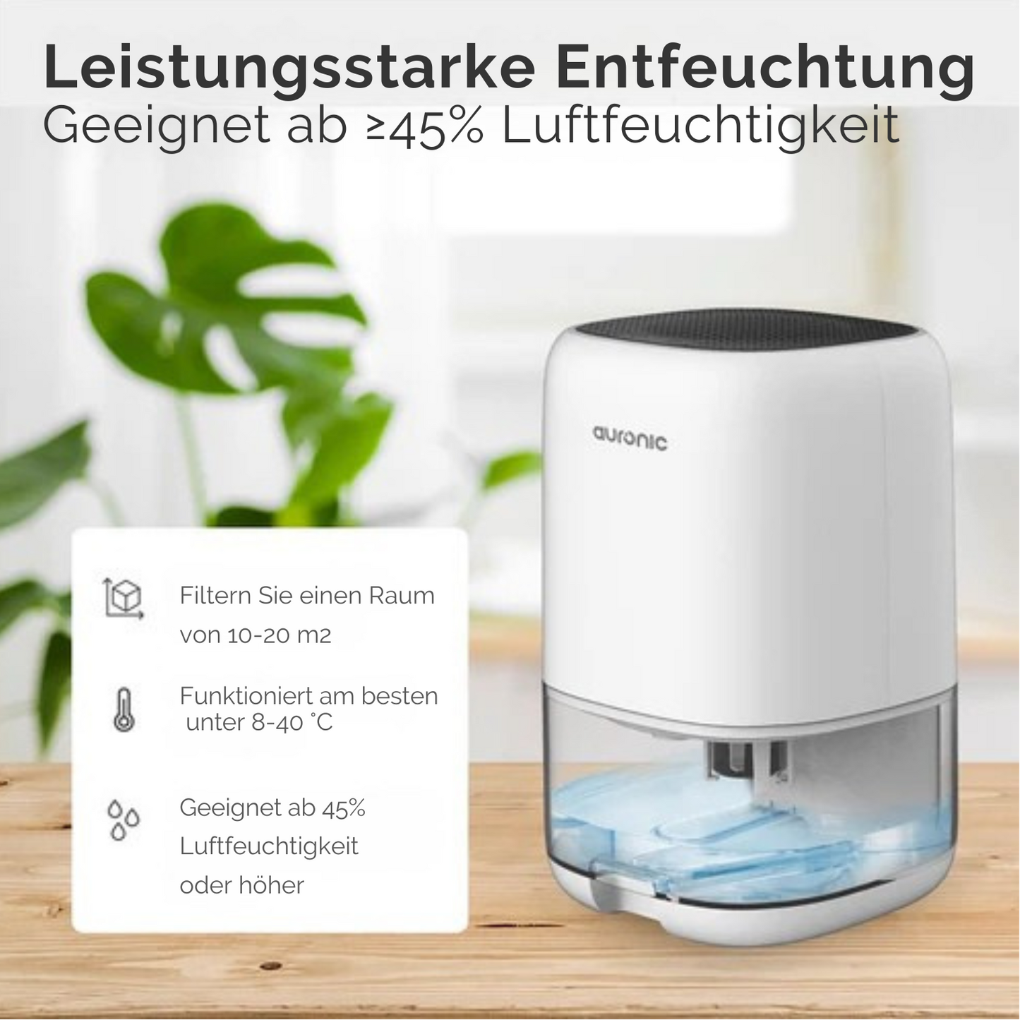 Auronic Luftentfeuchter - 450ml pro Tag - 40W - LED - Für Wohnzimmer/Schlafzimmer/Badezimmer - Weiß
