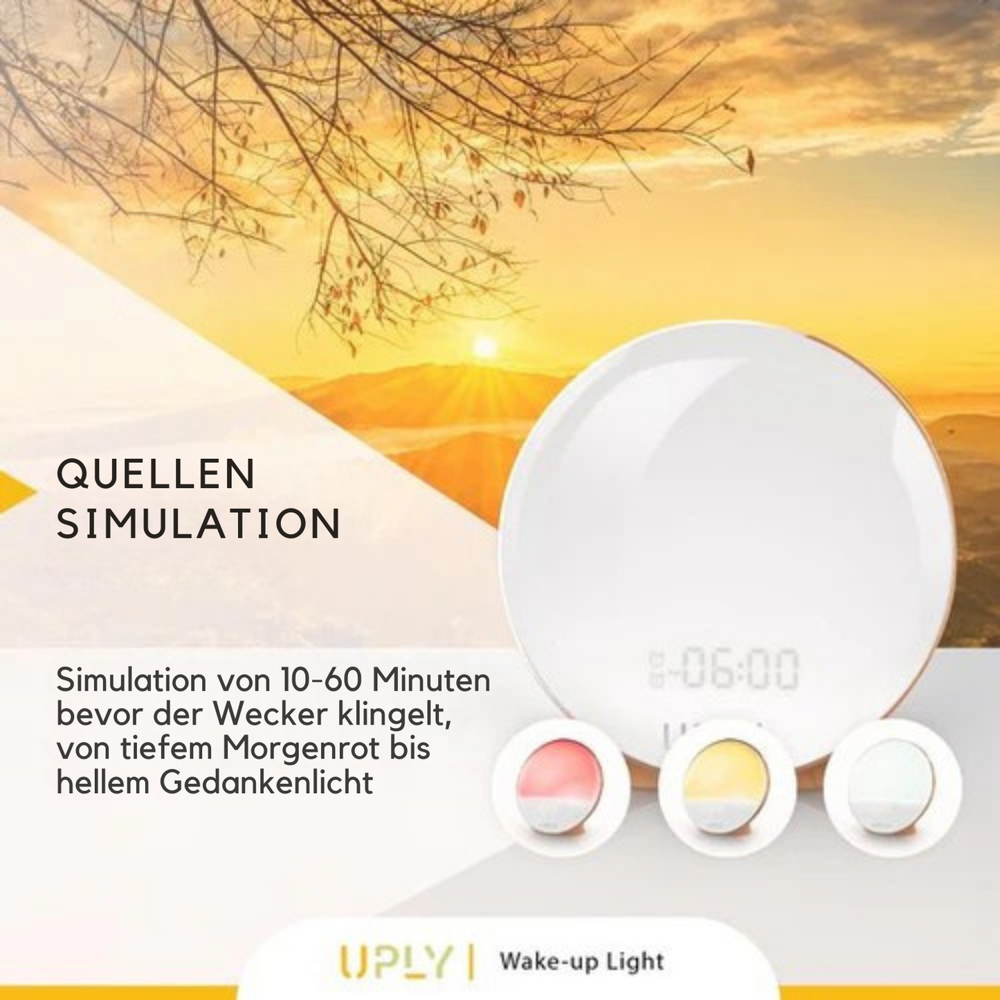 UPLY Wake Up Light - Lichtwecker mit USB-Ladestation - mit 4 Alarmen - WiFi - Google Home | Amazon Alexa - Weiß