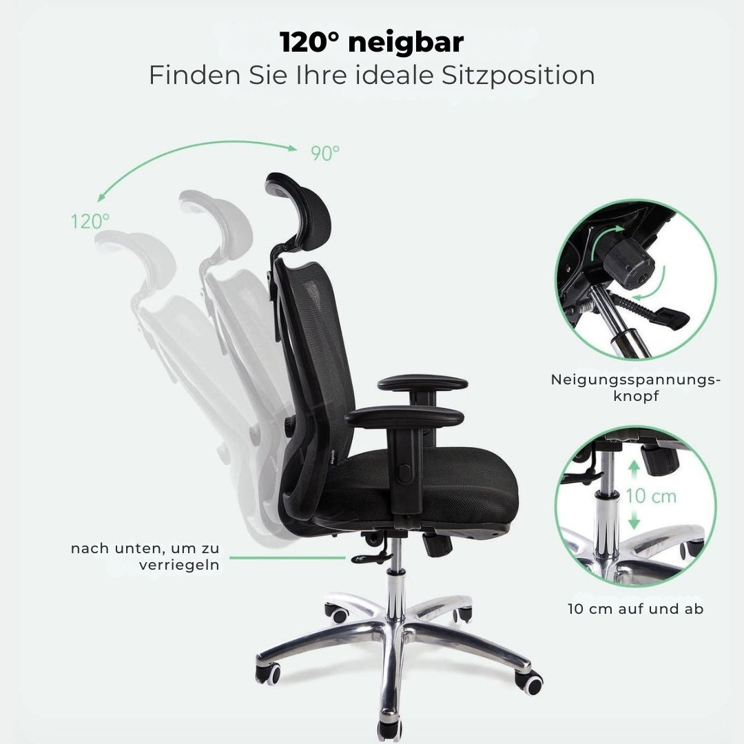 LifeGoods Ergonomischer Bürostuhl - Verstellbar - Bis zu 136 kg - Schwarz