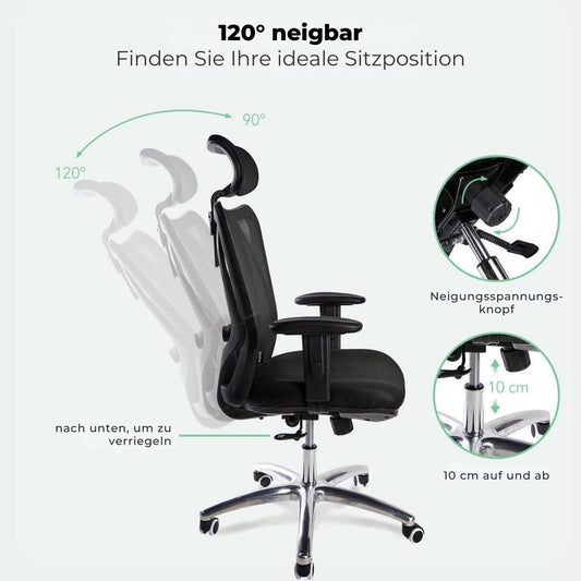 LifeGoods Ergonomischer Bürostuhl - Verstellbar - Bis zu 136 kg - Schwarz