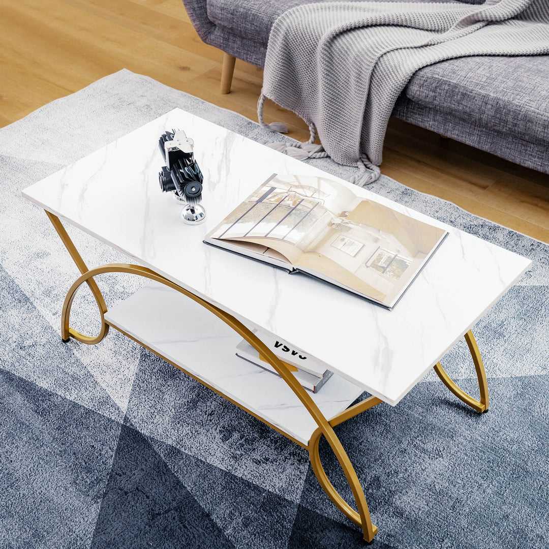 Cosat 2-stöckiger Couchtisch - Marmorimitation - Metall - Gold/Weiß - Max.50 Kg - 100x50x45cm