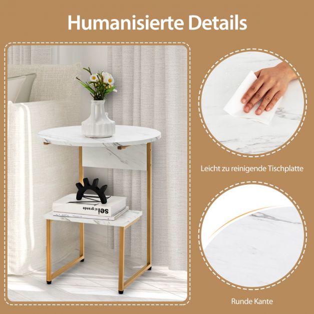 Coast Beistelltisch 2-lagig - Marmoroptik mit Goldrahmen 50 x 50 x 61 cm - Weiß/Gold