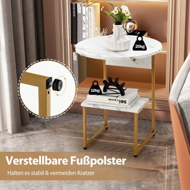 Coast Beistelltisch 2-lagig - Marmoroptik mit Goldrahmen 50 x 50 x 61 cm - Weiß/Gold