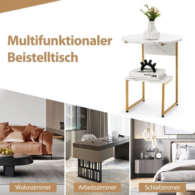 Coast Beistelltisch 2-lagig - Marmoroptik mit Goldrahmen 50 x 50 x 61 cm - Weiß/Gold