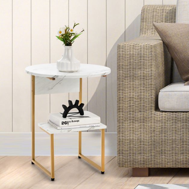 Coast Beistelltisch 2-lagig - Marmoroptik mit Goldrahmen 50 x 50 x 61 cm - Weiß/Gold