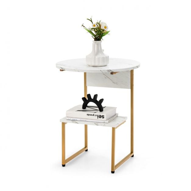Coast Beistelltisch 2-lagig - Marmoroptik mit Goldrahmen 50 x 50 x 61 cm - Weiß/Gold