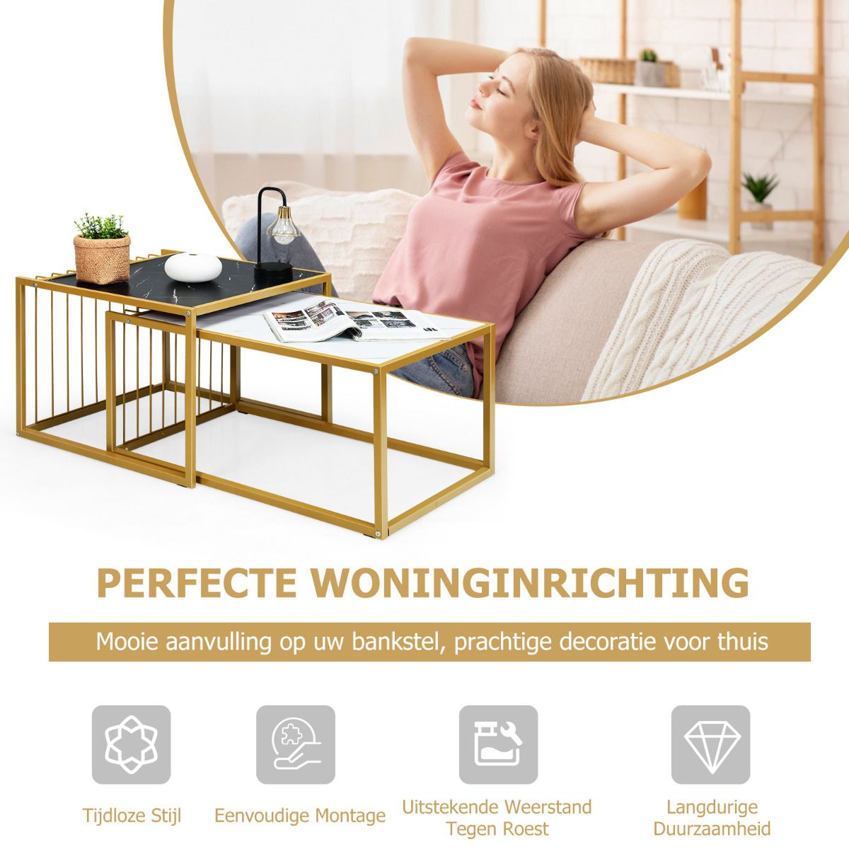 Coast 2er-Set Couchtisch - gold/weiß/schwarz - P2 - MDF - Eisen - Max.50 kg - 80x53x38,5 cm